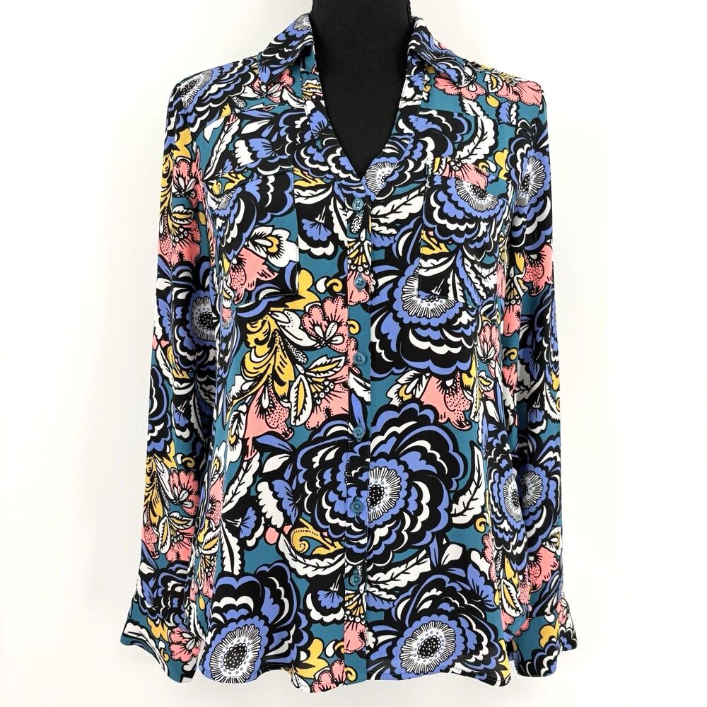 Express Slim Fit Portofino Shirt Women Small Bold Floral Print Artsy Office Work